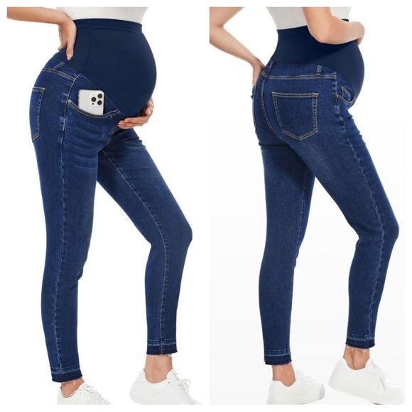Pregnancy / Postpartum Dark Blue Raw Hem Maternity Jeans Jeggings - Picture 1 of 5